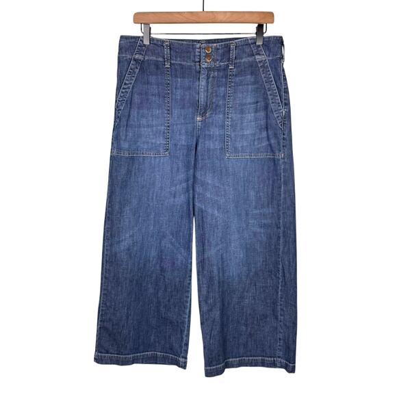 Seven7 Wide Leg Capri Cropped High Rise Square Pocket Blue Denim Jeans - Picture 1 of 8